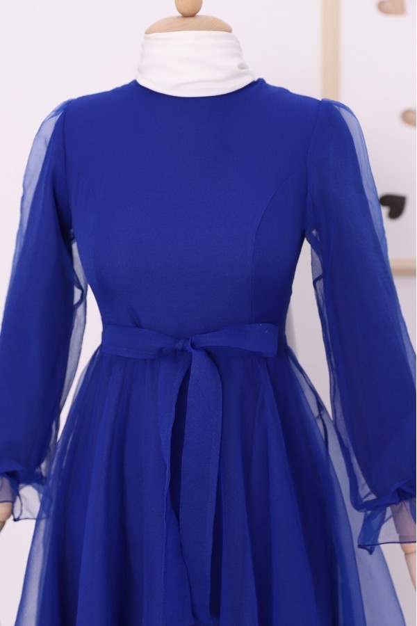 Belted Tulle Evening Dress with Fluffy Sleeves and Skirt -Saxe 
