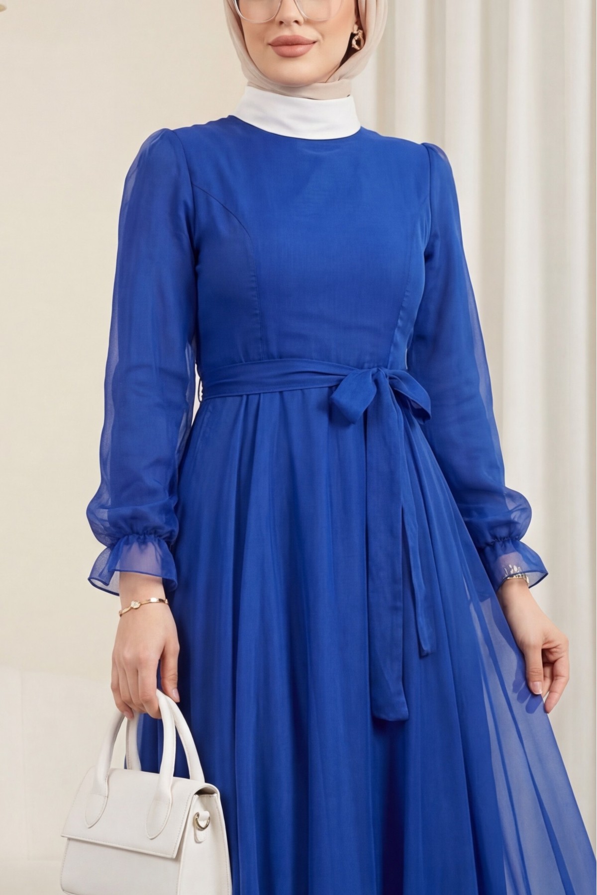 Belted Tulle Evening Dress with Fluffy Sleeves and Skirt -Saxe 