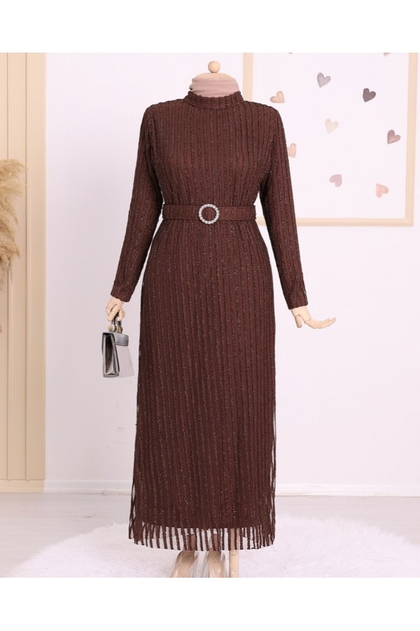 Gemstone Belt Glitter Striped Tulle Plus Size Dress -Brown