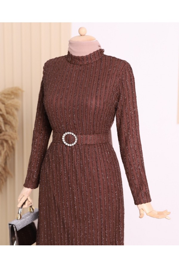 Gemstone Belt Glitter Striped Tulle Plus Size Dress -Brown