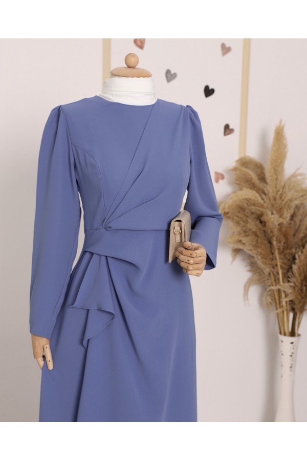 Asymmetrical Crepe Dress with Front Allery Skirt      -İndigo