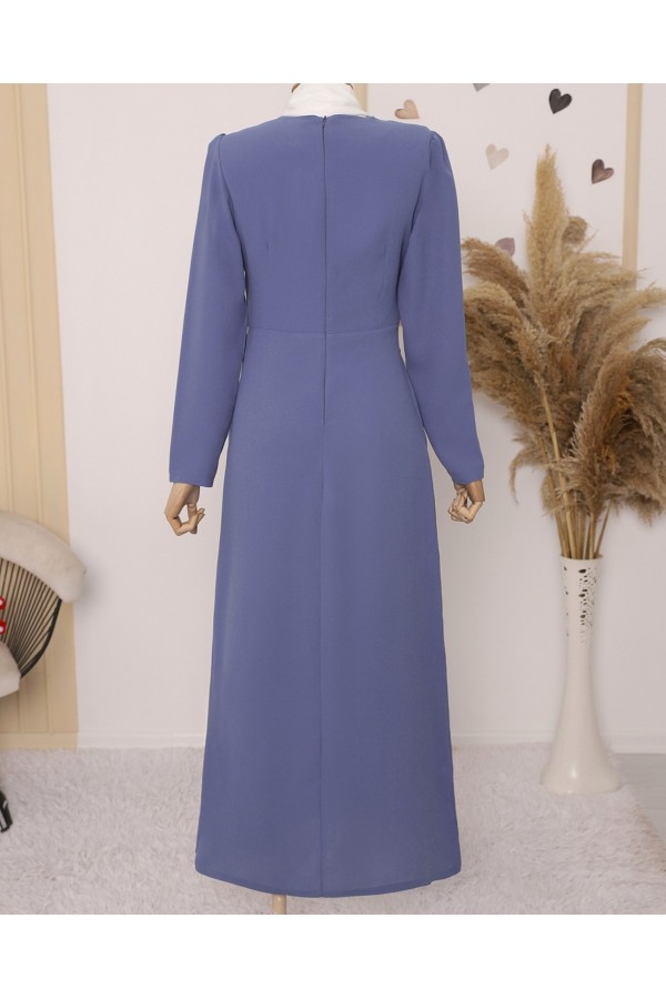 Asymmetrical Crepe Dress with Front Allery Skirt      -İndigo