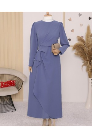 Önü Allerli Eteği Asimetrik Krep Elbise      -İndigo