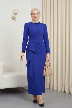 Önü Allerli Eteği Asimetrik Krep Elbise      -Saks