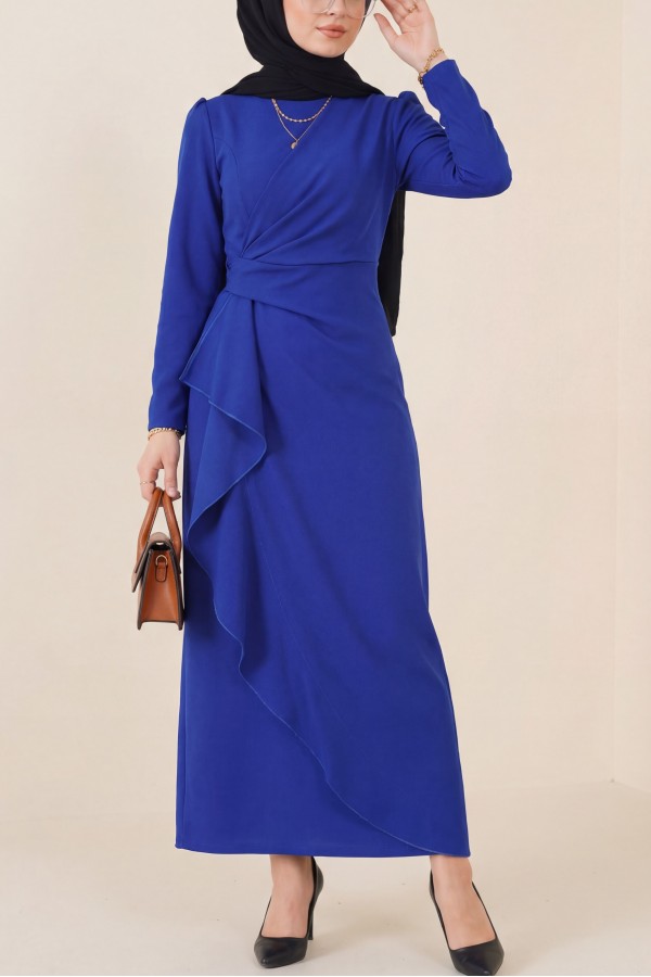 Asymmetrical Crepe Dress with Front Allery Skirt      -Saxe 
