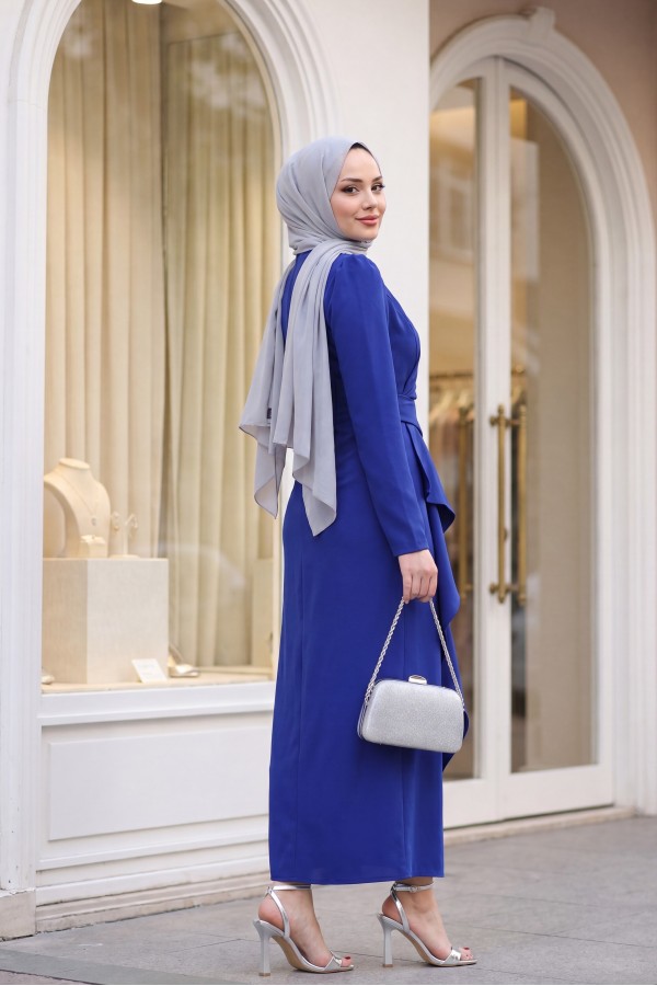 Asymmetrical Crepe Dress with Front Allery Skirt      -Saxe 