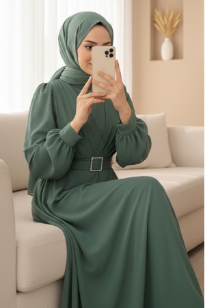 Belted Stone Front Pleated Hijab Dress -Mint Color