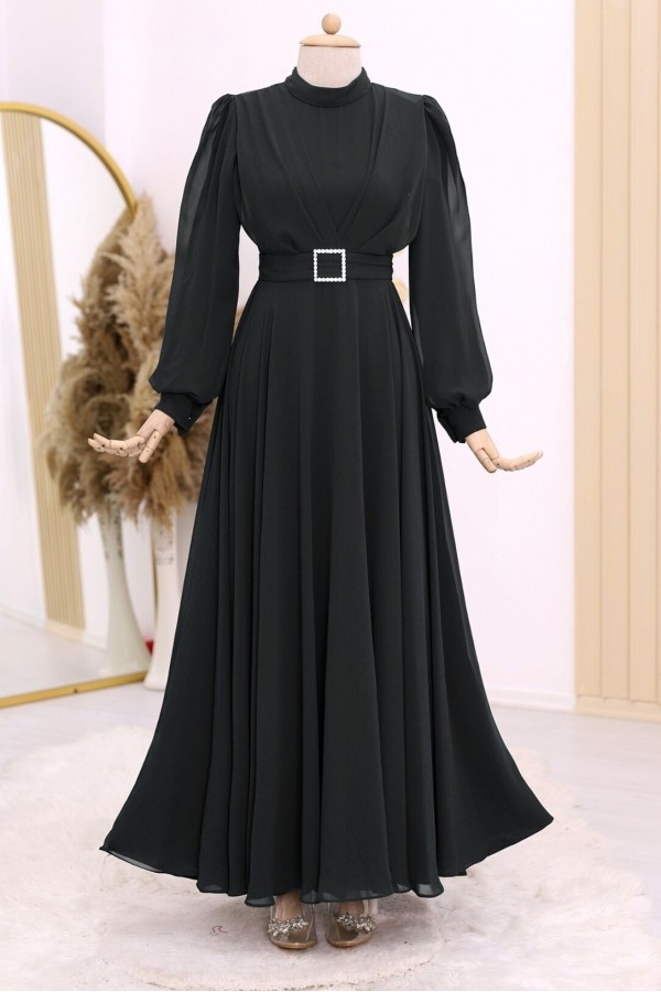 Belted Stone Front Pleated Hijab Dress -Black