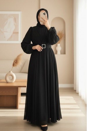 Belted Stone Front Pleated Hijab Dress -Black