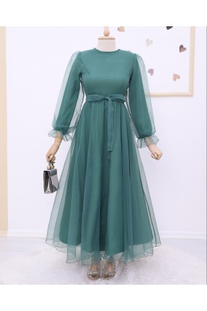 Kabarık Kol ve Etekli Kuşaklı Tül Abiye  -Mint