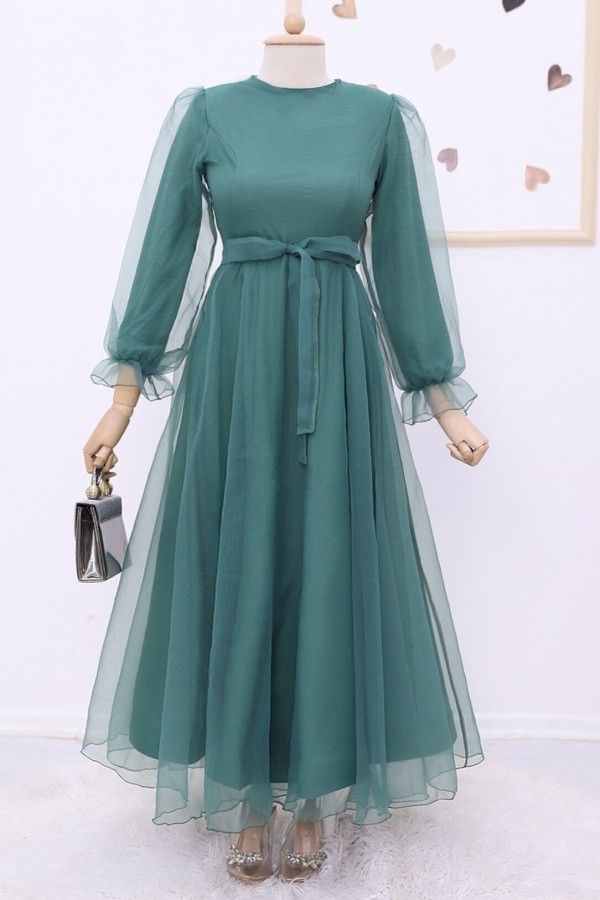 Belted Tulle Evening Dress with Fluffy Sleeves and Skirt  -Mint Color