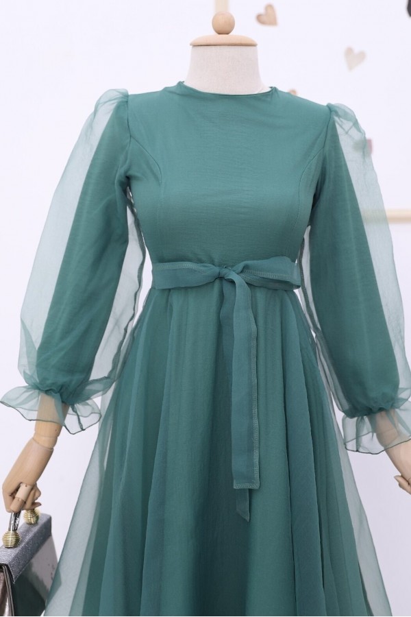 Belted Tulle Evening Dress with Fluffy Sleeves and Skirt  -Mint Color
