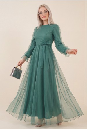 Kabarık Kol ve Etekli Kuşaklı Tül Abiye  -Mint