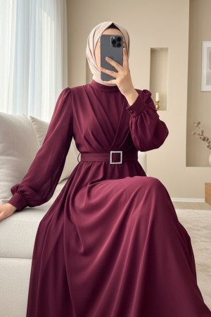 Belted Stone Front Pleated Hijab Dress  -Maroon