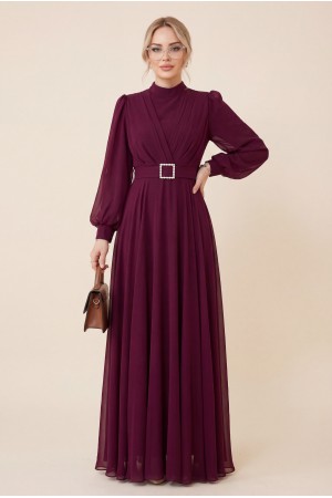Kemeri Taşlı Önü Pileli Tesettür Elbise  -Bordo