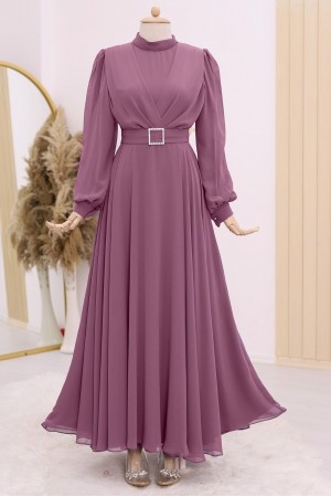 Belted Stone Front Pleated Hijab Dress  -Dried rose