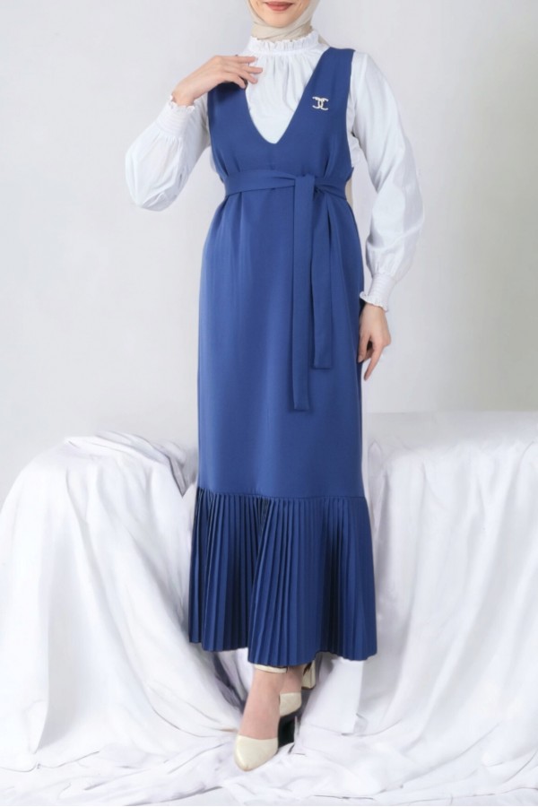 Skirt Pleated Belted Gilet -İndigo