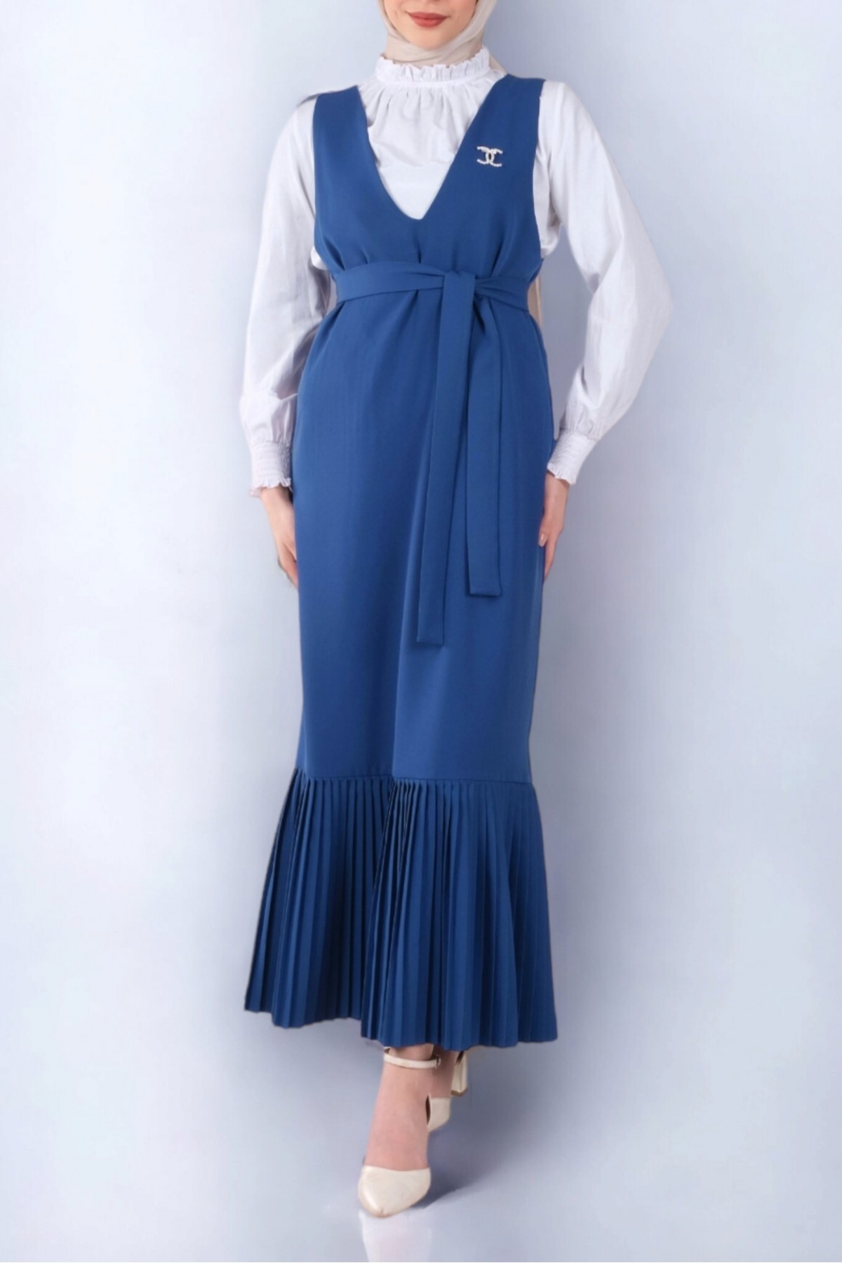 Eteği Piliseli Kuşaklı Jile -İndigo
