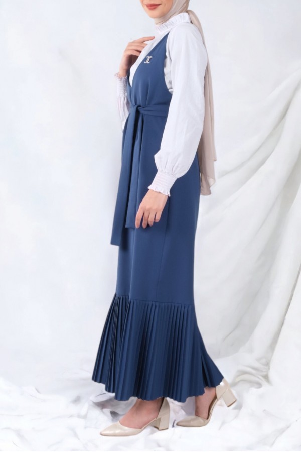 Skirt Pleated Belted Gilet -İndigo