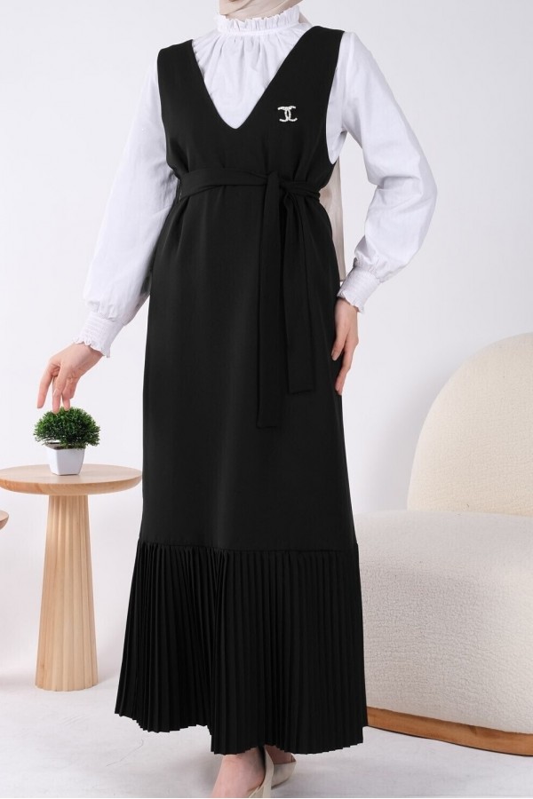 Skirt Pleated Belted Gilet -Black
