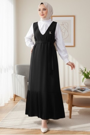 Eteği Piliseli Kuşaklı Jile -Siyah