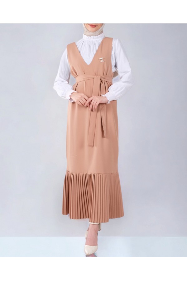 Skirt Pleated Belted Gilet -Mink color