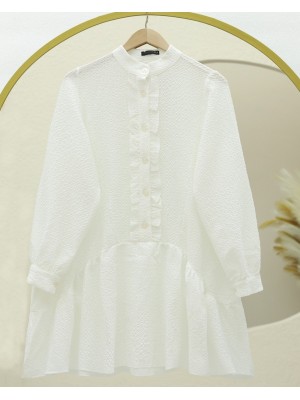 Front Buttoned Skirt Frilled Gofre Tunic -White