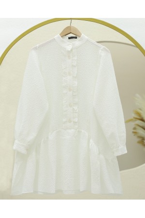 Önden Düğmeli Eteği Fırfırlı Gofre Tunik -Beyaz