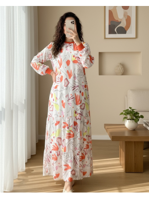 فستان شيفون منقوش بياقة مضلعة وتنورة بطبقات -البرتقالي