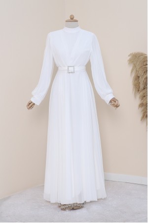 Belted Stone Front Pleated Hijab Dress   -White