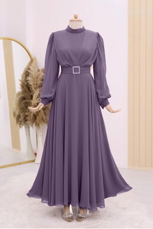Belted Stone Front Pleated Hijab Dress   -Cherry Color