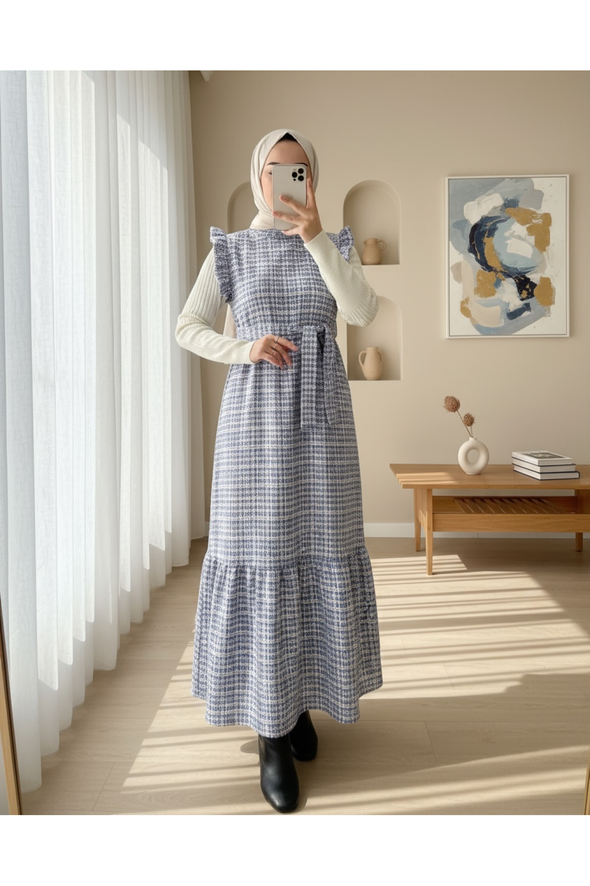 Kolları Fırfırlı Kemerli Tuvit Jile  -Saks