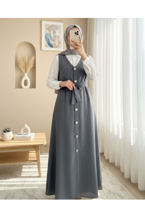 Boydan Düğmeli Kuşaklı Çizgili Jile -Gri