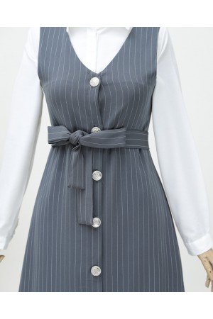 Boydan Düğmeli Kuşaklı Çizgili Jile -Gri