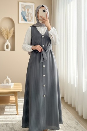 Boydan Düğmeli Kuşaklı Çizgili Jile -Gri