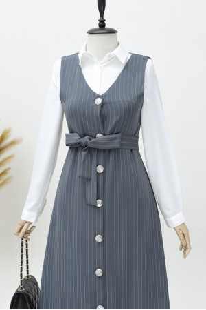 Boydan Düğmeli Kuşaklı Çizgili Jile -Gri