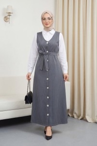 Boydan Düğmeli Kuşaklı Çizgili Jile -Gri