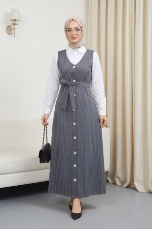 Boydan Düğmeli Kuşaklı Çizgili Jile -Gri