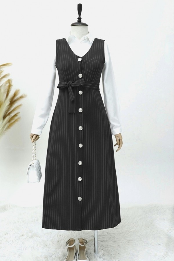 Buttoned Belted Striped Gilet -Black