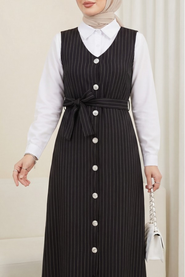 Buttoned Belted Striped Gilet -Black