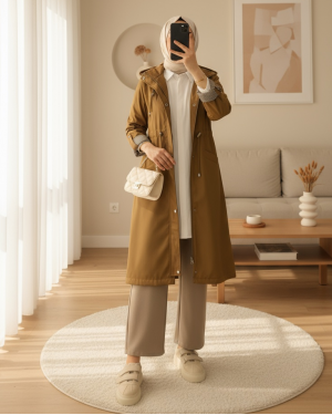 Snap Fastener Zippered Hooded Trench Coat -Snuff