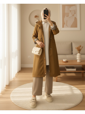 Çıtçıtlı Fermuarlı Kapşonlu Trenckot -Taba