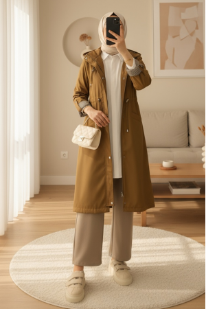 Çıtçıtlı Fermuarlı Kapşonlu Trenckot -Taba