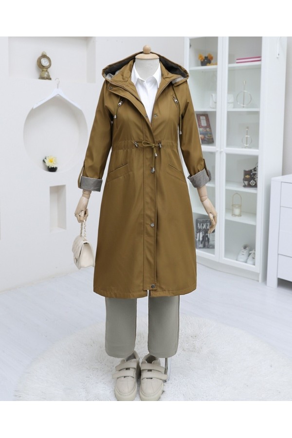 Snap Fastener Zippered Hooded Trench Coat -Snuff