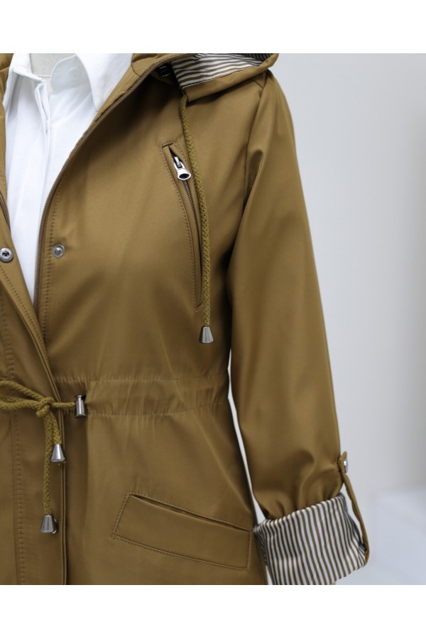 Snap Fastener Zippered Hooded Trench Coat -Snuff
