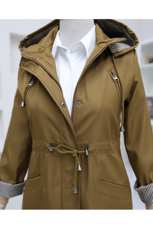 Snap Fastener Zippered Hooded Trench Coat -Snuff