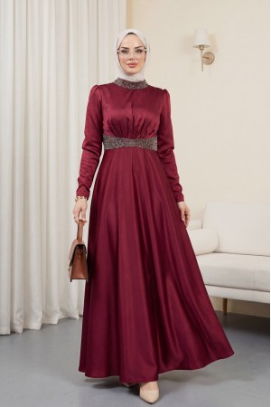 Yakası ve Beli Taş Detaylı Saten Abiye -Bordo