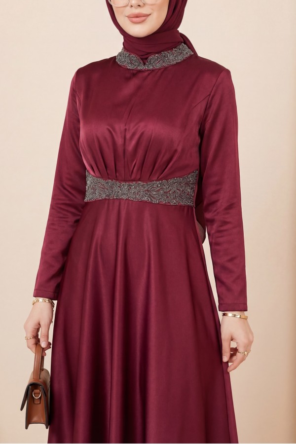Satin Evening Dress with Stone Detail on Collar and Waist -Maroon