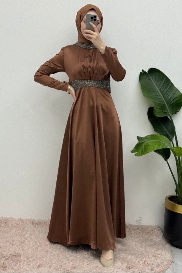 Satin Evening Dress with Stone Detail on Collar and Waist -Brown