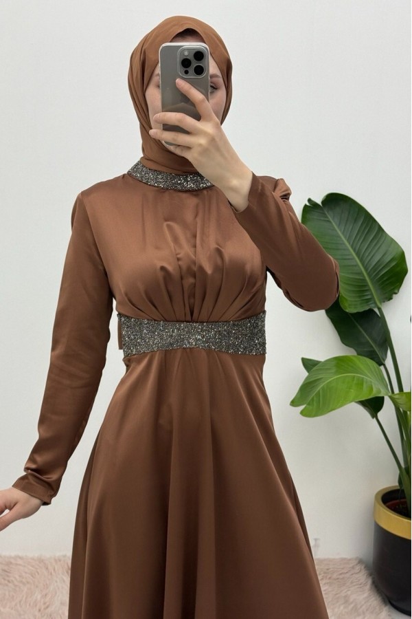 Satin Evening Dress with Stone Detail on Collar and Waist -Brown